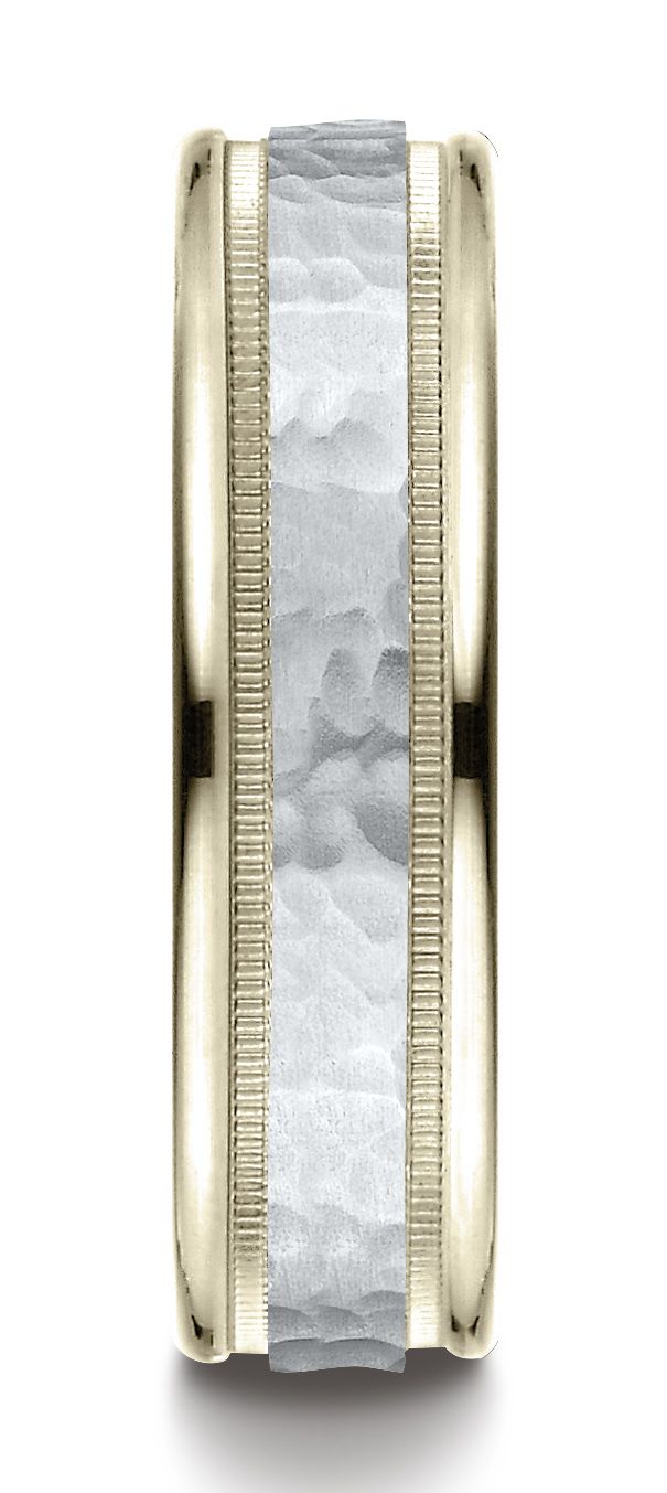 14k Two-toned 6mm Comfort-fit Hammered-finished With Milgrain Carved Design Band