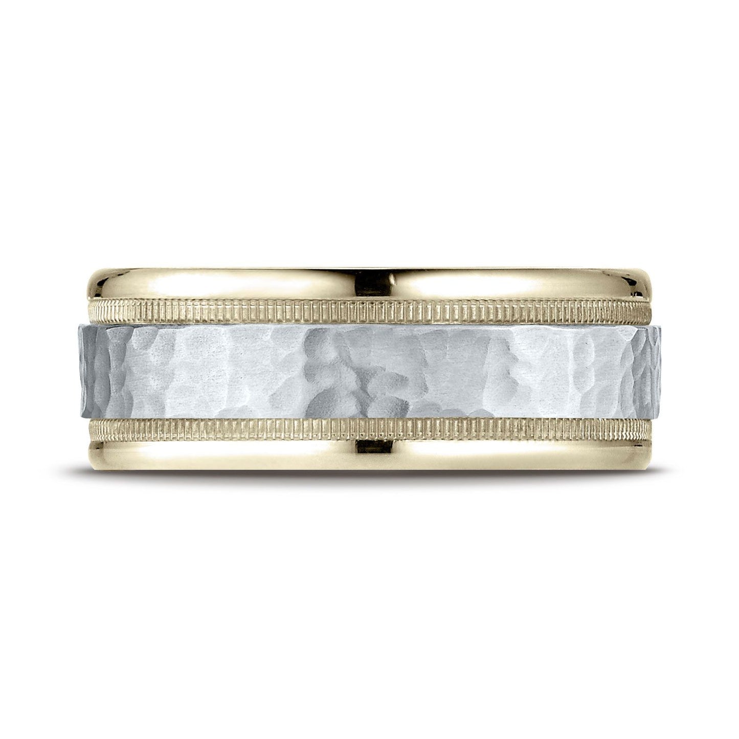 8mm Hammered Finish Milgrain Carved Wedding Band, in 14K White Gold | RockHer
