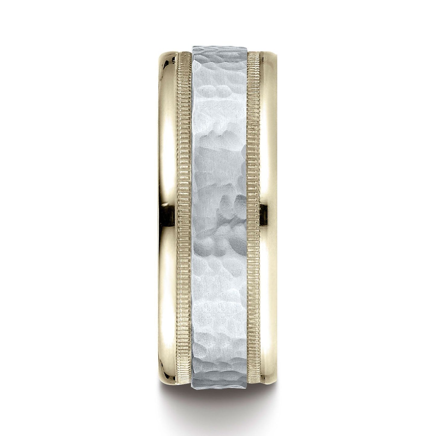14k Two-toned 8mm Comfort-fit Hammered-finished With Milgrain Carved Design Band