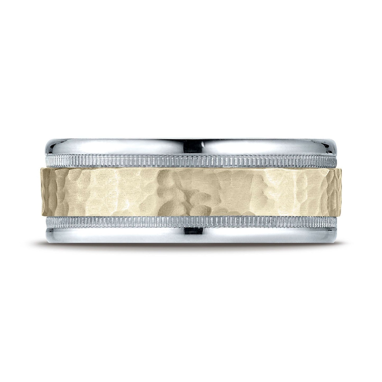 8mm Hammered Finish Milgrain Carved Wedding Band, in 14K White Gold | RockHer