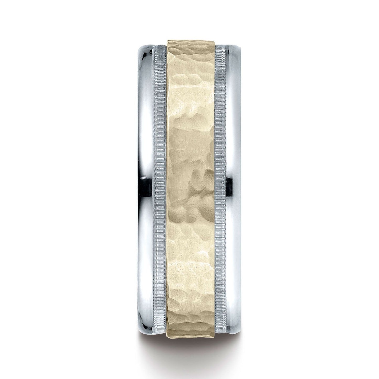 14k Two-toned 8mm Comfort-fit Hammered-finished With Milgrain Carved Design Band