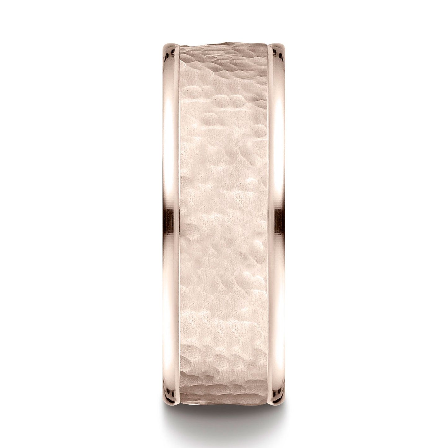 14k Rose Gold Comfort Fit 8mm High Polish Edge Hammered Center Design Band