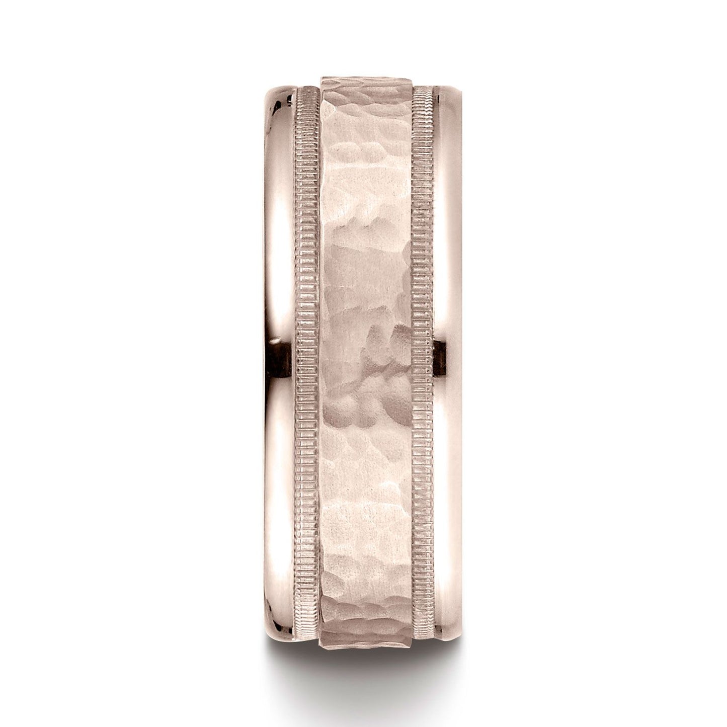 14 Karat Rose Gold 8mm Comfort-fit Hammered Center High Polish Round Edge Carved Design Band