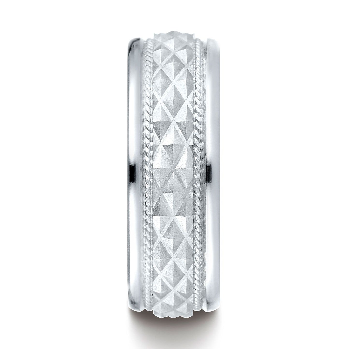 14k White Gold 8mm Comfort Fit Round Edge Cross Hatch Patterned Band