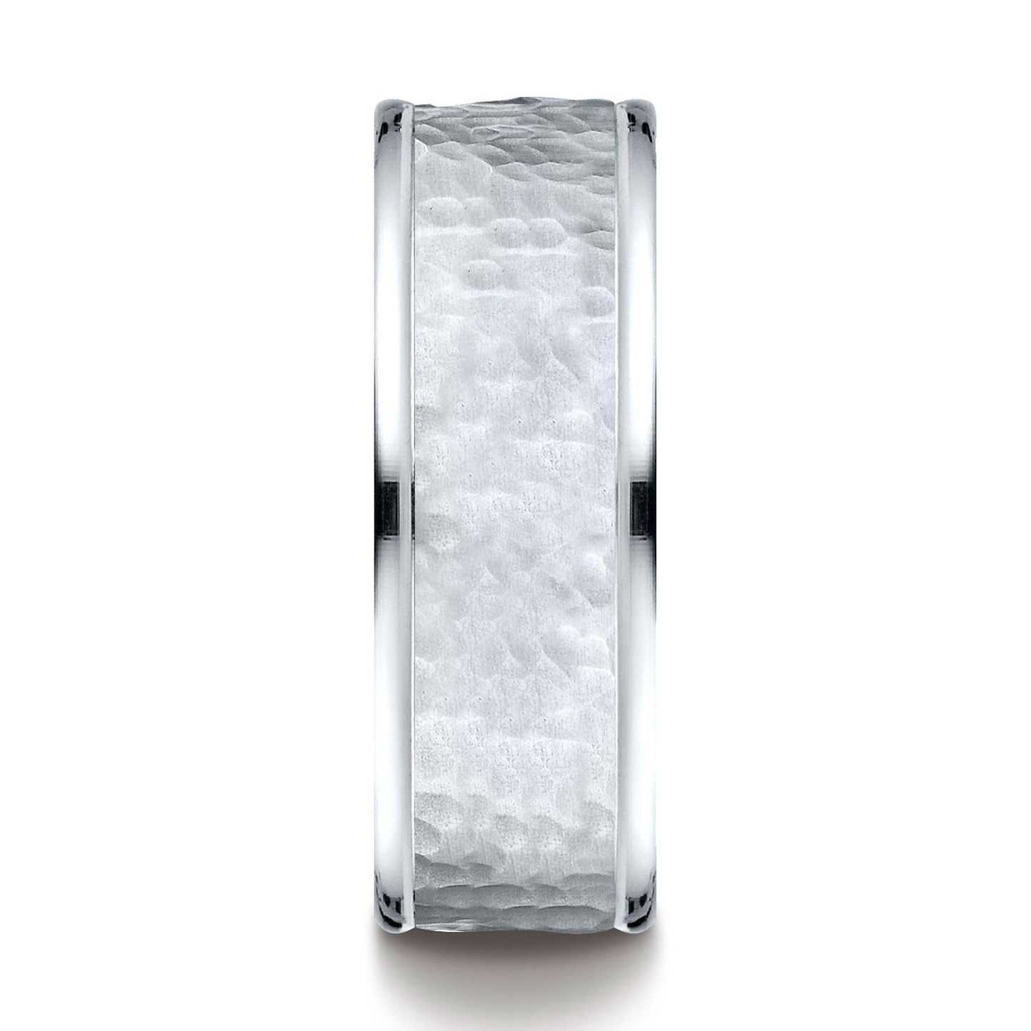 18k White Gold Comfort Fit 8mm High Polish Edge Hammered Center Design Band