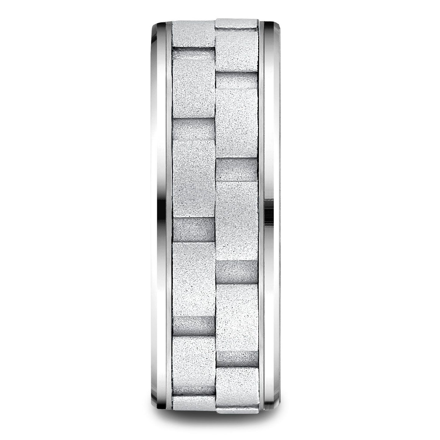 14 Karat White Gold 8mm Comfort-fit Drop Bevel Sandblasted Satin Finish Chain Link Design Band