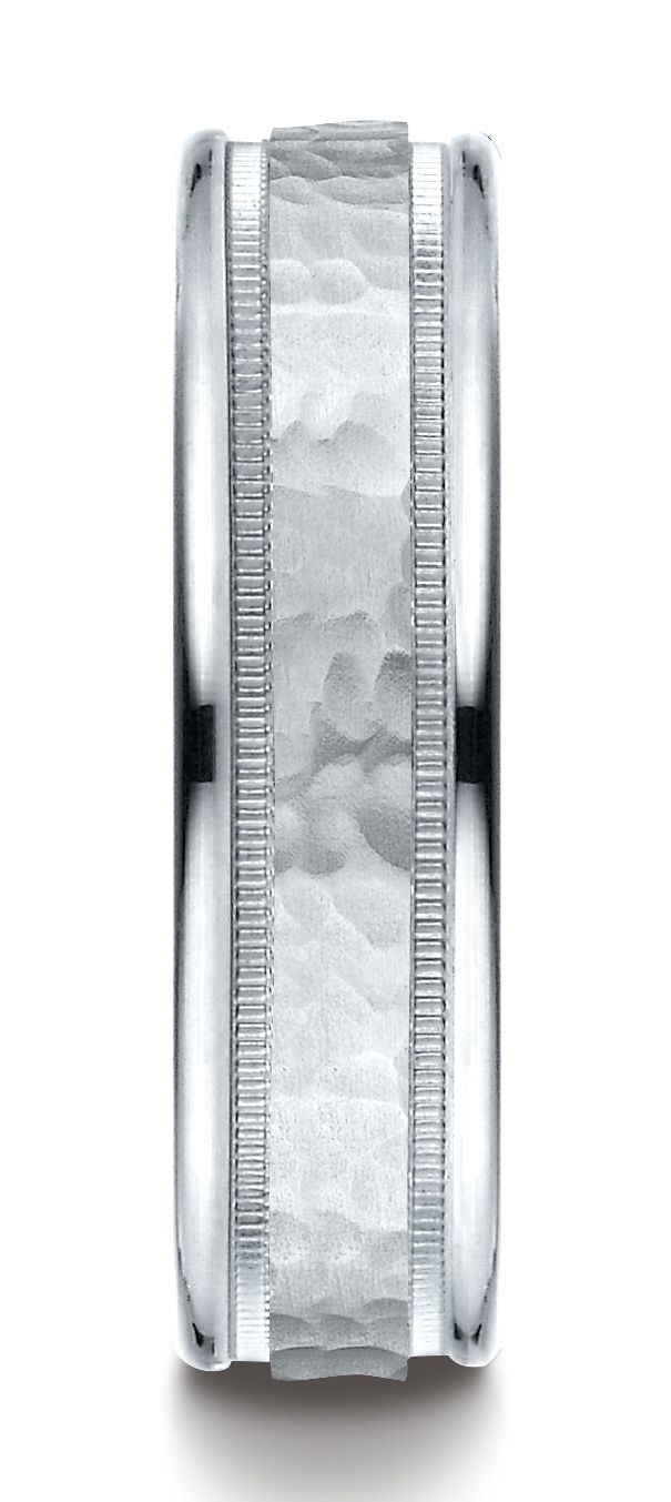 14k White Gold 6mm Comfort-fit Hammered Center High Polish Round Edge Carved Design Band
