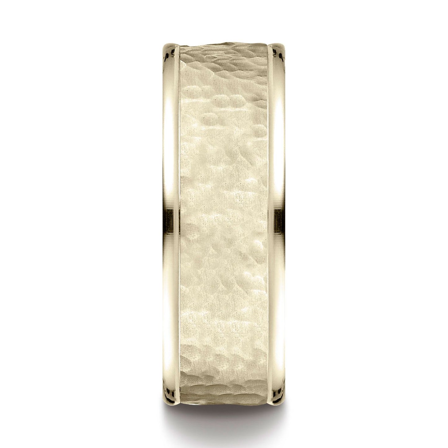14k Yellow Gold Comfort Fit 8mm High Polish Edge Hammered Center Design Band