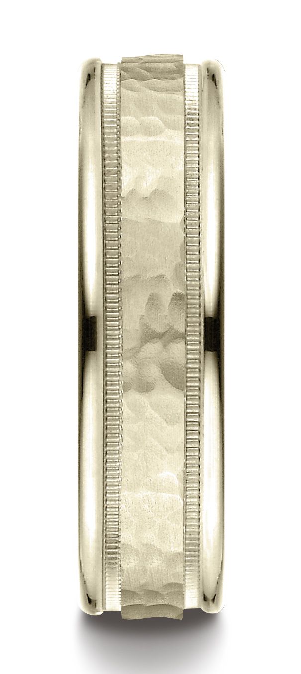 18 Karat Yellow Gold 6mm Comfort-fit Hammered Center High Polish Round Edge Carved Design Band