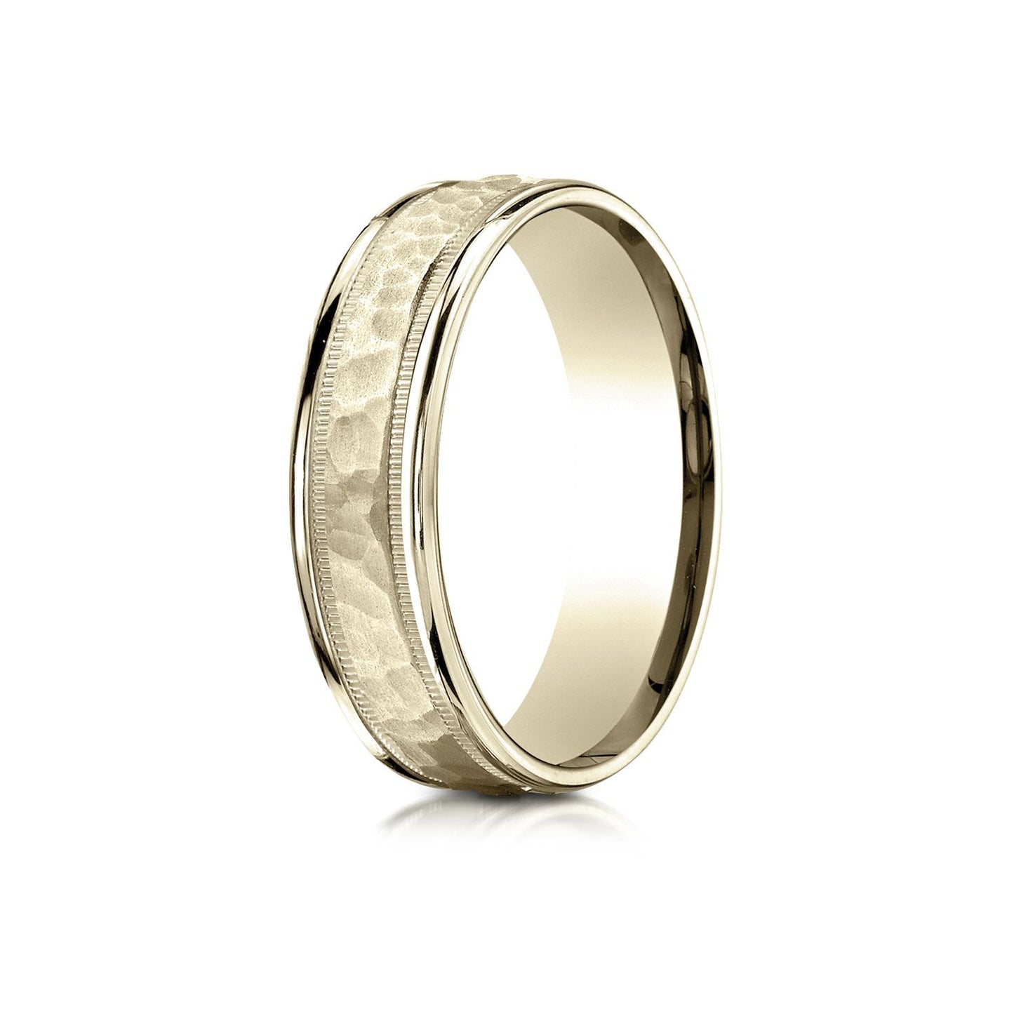 6mm Hammered Center High Polish Round Edge Carved Wedding Band, in 18K Yellow Gold | RockHer