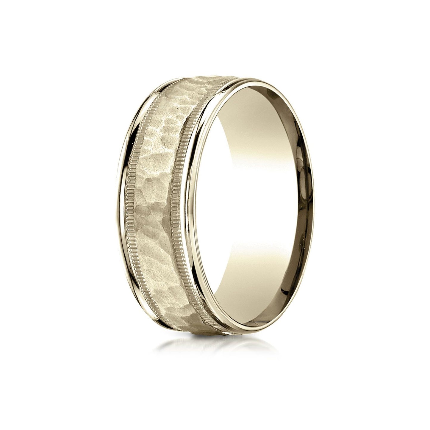 8mm Hammered Center High Polish Round Edge Carved Wedding Band, in 18K Yellow Gold | RockHer