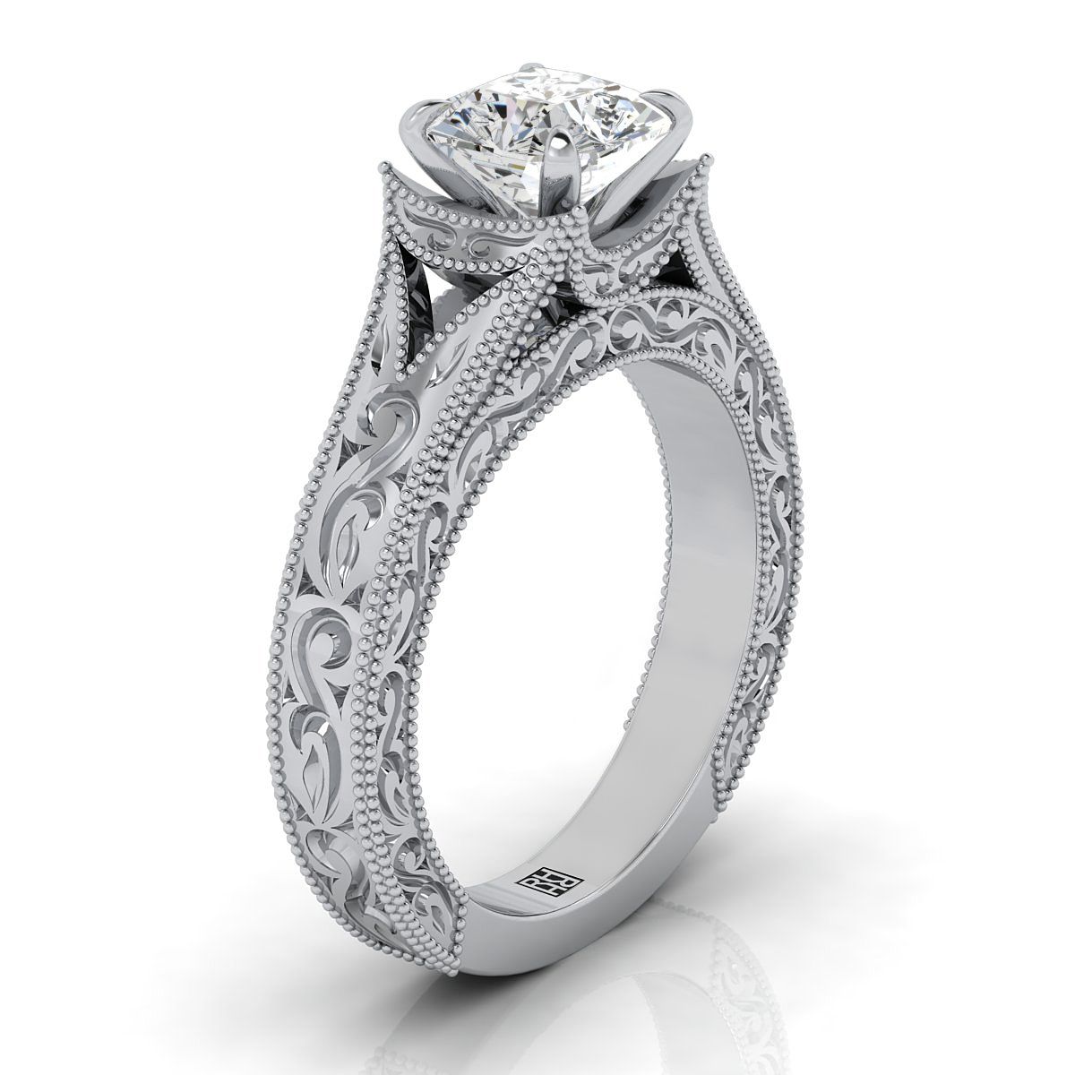 14K White Gold Asscher Cut  Hand Engraved and Milgrain Vintage Solitaire Engagement Ring