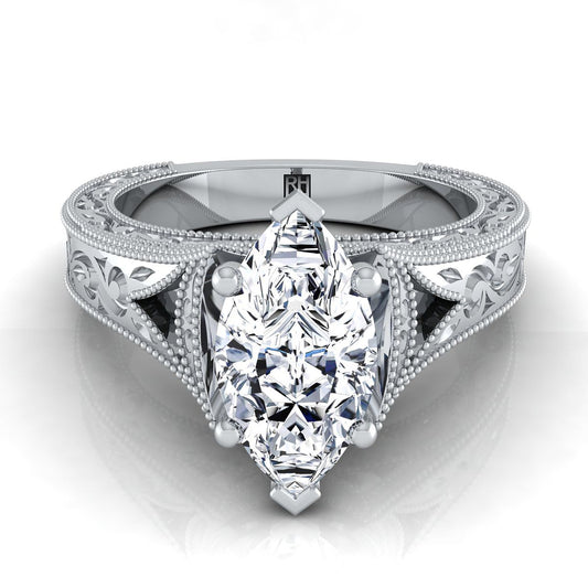 18K White Gold Marquise   Hand Engraved and Milgrain Vintage Solitaire Engagement Ring