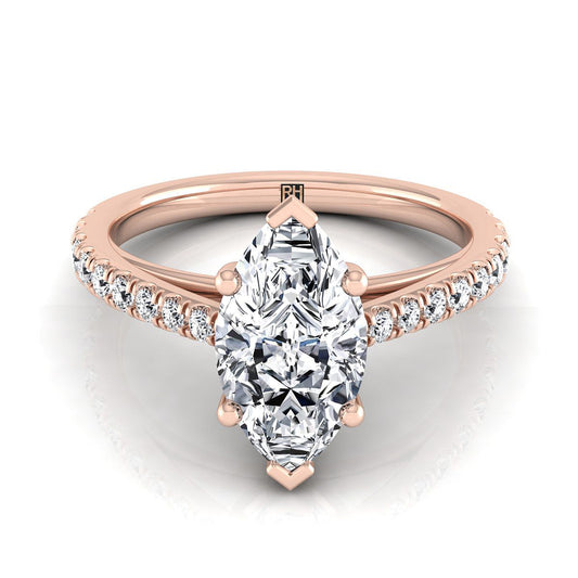 14K Rose Gold Marquise  Diamond French Pave Cathedral Style Solitaire Engagement Ring -1/4ctw