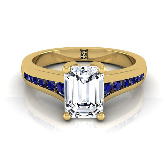 18K Yellow Gold Emerald Cut Contemporary Tapered Blue Sapphire Channel Engagement Ring