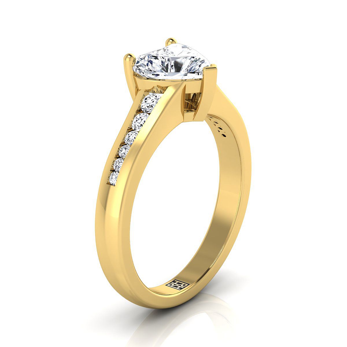 14K Yellow Gold Heart Shape Center Contemporary Tapered Diamond Channel Engagement Ring -1/6ctw