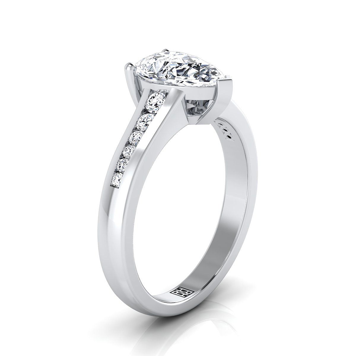 18K White Gold Pear Shape Center Contemporary Tapered Diamond Channel Engagement Ring -1/6ctw