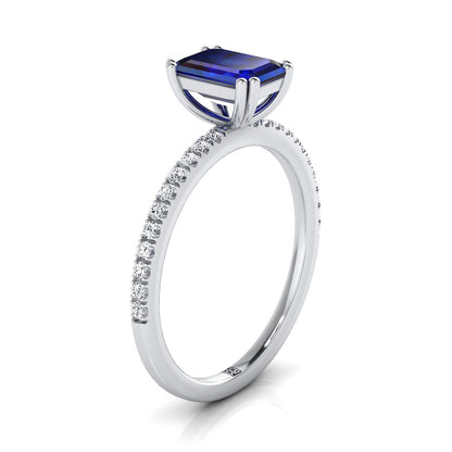 Platinum Emerald Cut Sapphire Simple French Pave Double Claw Prong Diamond Engagement Ring -1/6ctw
