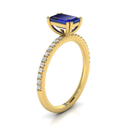 14K Yellow Gold Emerald Cut Sapphire Simple French Pave Double Claw Prong Diamond Engagement Ring -1/6ctw