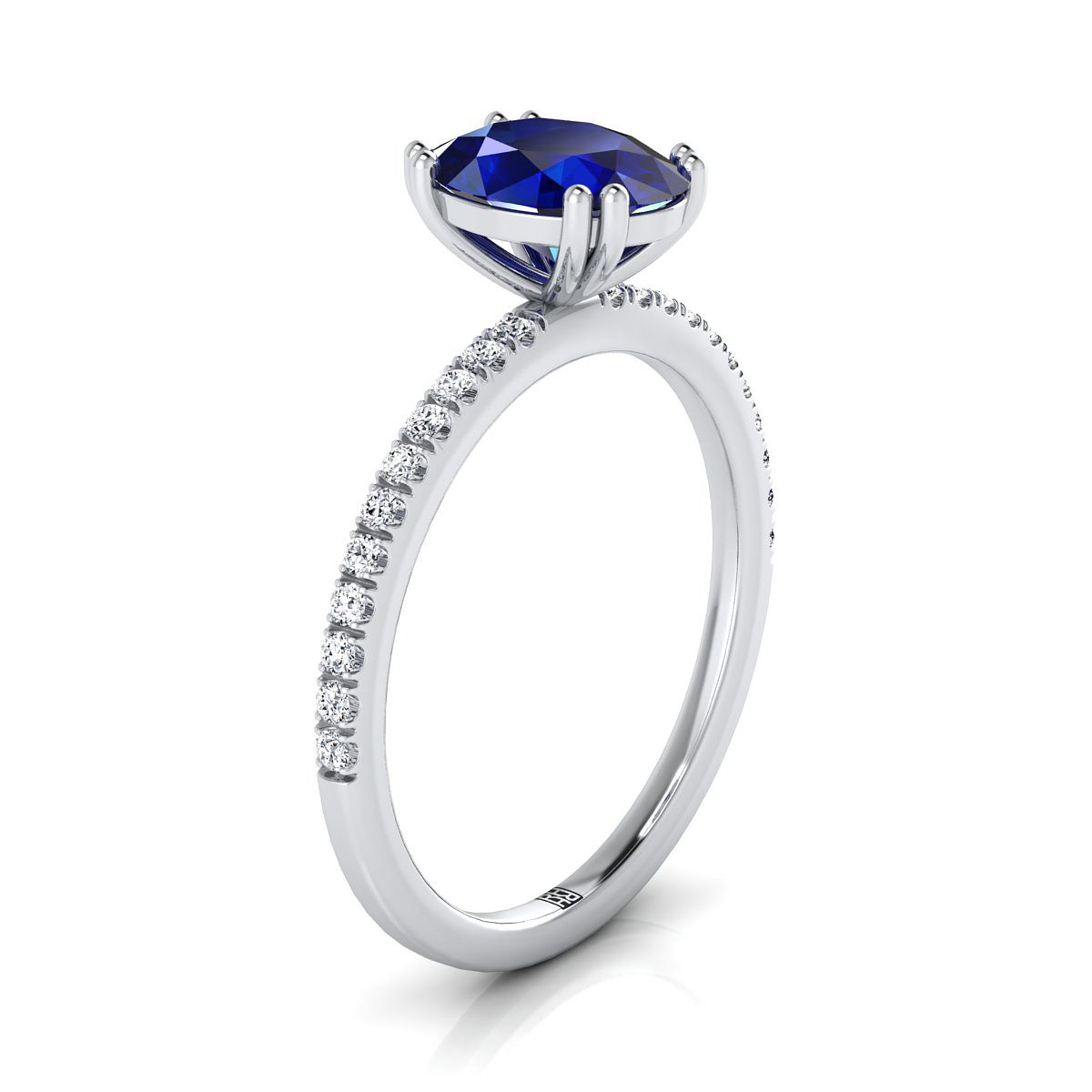 Platinum Oval Sapphire Simple French Pave Double Claw Prong Diamond Engagement Ring -1/6ctw
