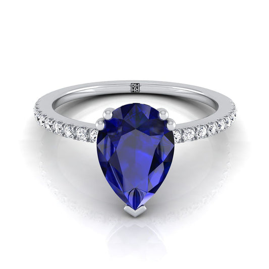 Platinum Pear Shape Center Sapphire Simple French Pave Double Claw Prong Diamond Engagement Ring -1/6ctw