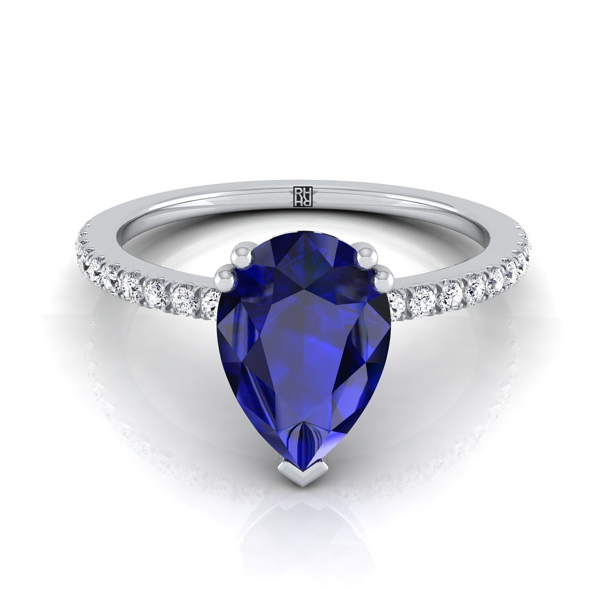 Platinum Pear Shape Center Sapphire Simple French Pave Double Claw Prong Diamond Engagement Ring -1/6ctw