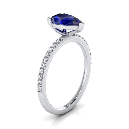 14K White Gold Pear Shape Center Sapphire Simple French Pave Double Claw Prong Diamond Engagement Ring -1/6ctw
