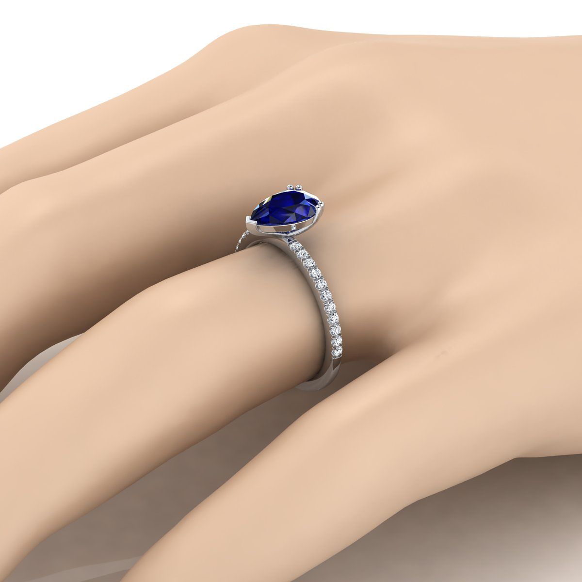 14K White Gold Pear Shape Center Sapphire Simple French Pave Double Claw Prong Diamond Engagement Ring -1/6ctw
