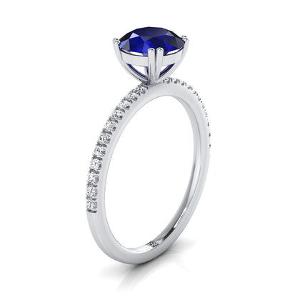 Platinum Round Brilliant Sapphire Simple French Pave Double Claw Prong Diamond Engagement Ring -1/6ctw