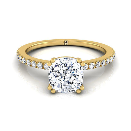 14K Yellow Gold Cushion Diamond Simple French Pave Double Claw Prong Engagement Ring -1/6ctw