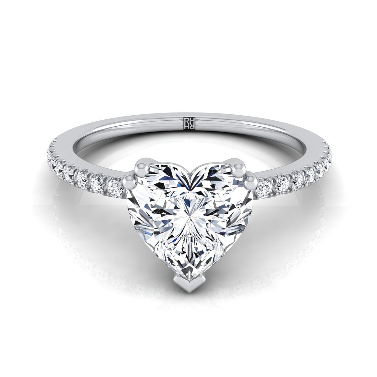18K White Gold Heart Shape Center Diamond Simple French Pave Double Claw Prong Engagement Ring -1/6ctw