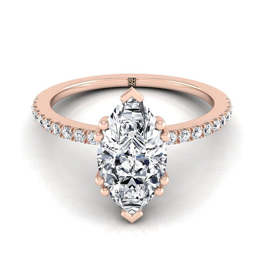 14K Rose Gold Marquise  Diamond Simple French Pave Double Claw Prong Engagement Ring -1/6ctw
