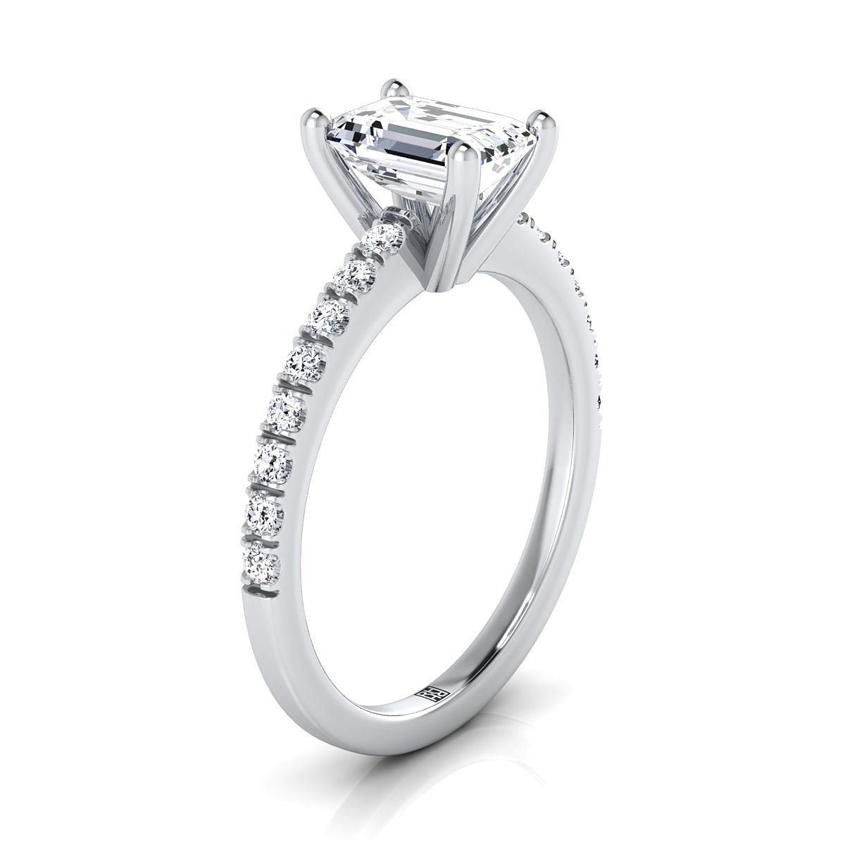 14K White Gold Emerald Cut Simple Linear Diamond Pave Engagement Ring -1/5ctw