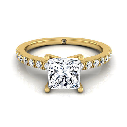 14K Yellow Gold Princess Cut Simple Linear Diamond Pave Engagement Ring -1/5ctw