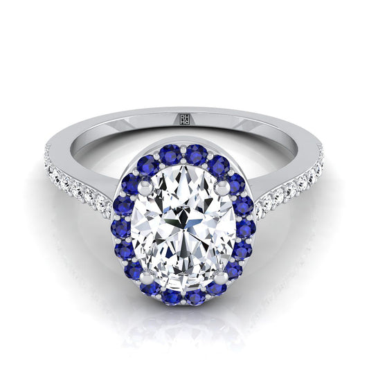 18K White Gold Oval Classic French Pave Blue Sapphire Halo and Linear Engagement Ring -1/6ctw