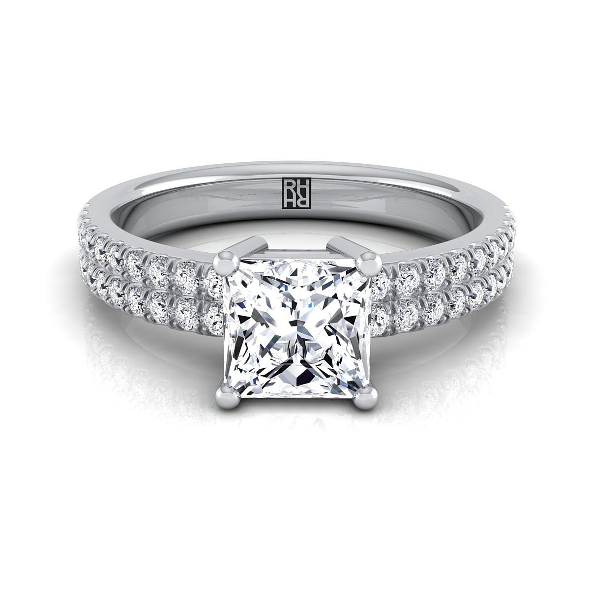 18K White Gold Princess Cut Diamond Double Pave Row Engagement Ring -1/4ctw