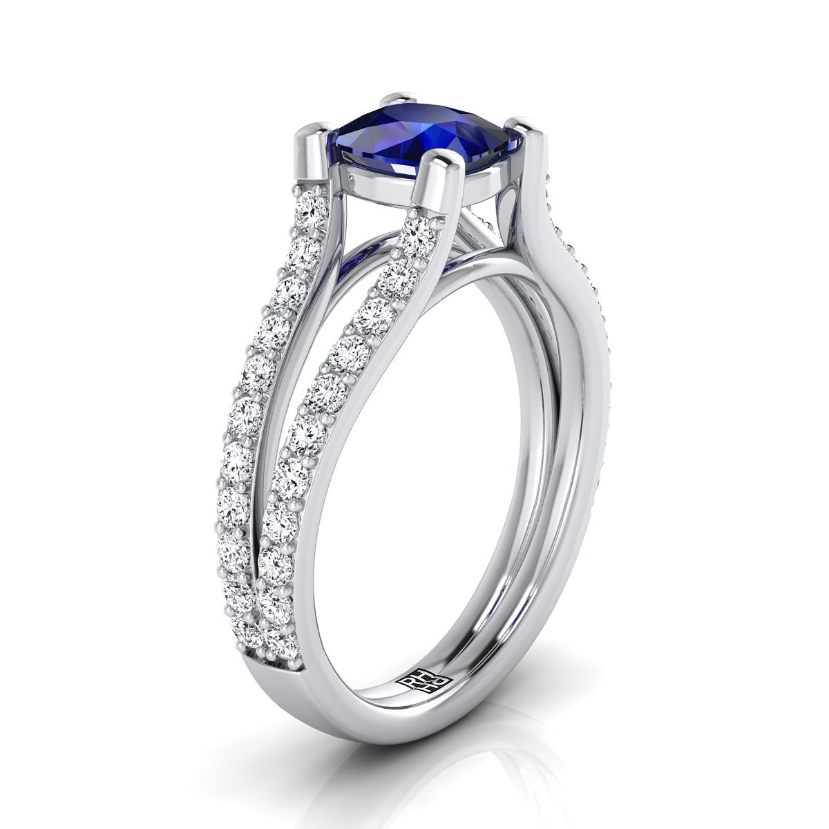 Platinum Cushion Prong Set Sapphire Split Shank Engagement Ring