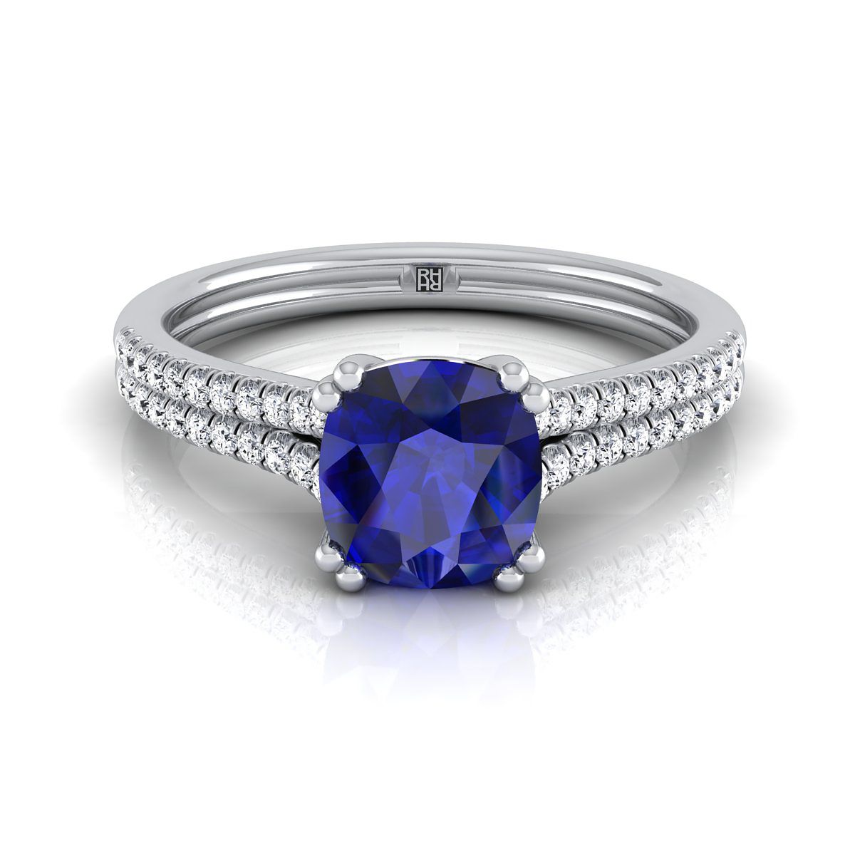 14K White Gold Cushion Sapphire Double Row Double Prong French Pave Diamond Engagement Ring -1/6ctw