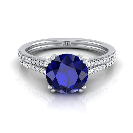 Platinum Round Brilliant Sapphire Double Row Double Prong French Pave Diamond Engagement Ring -1/6ctw