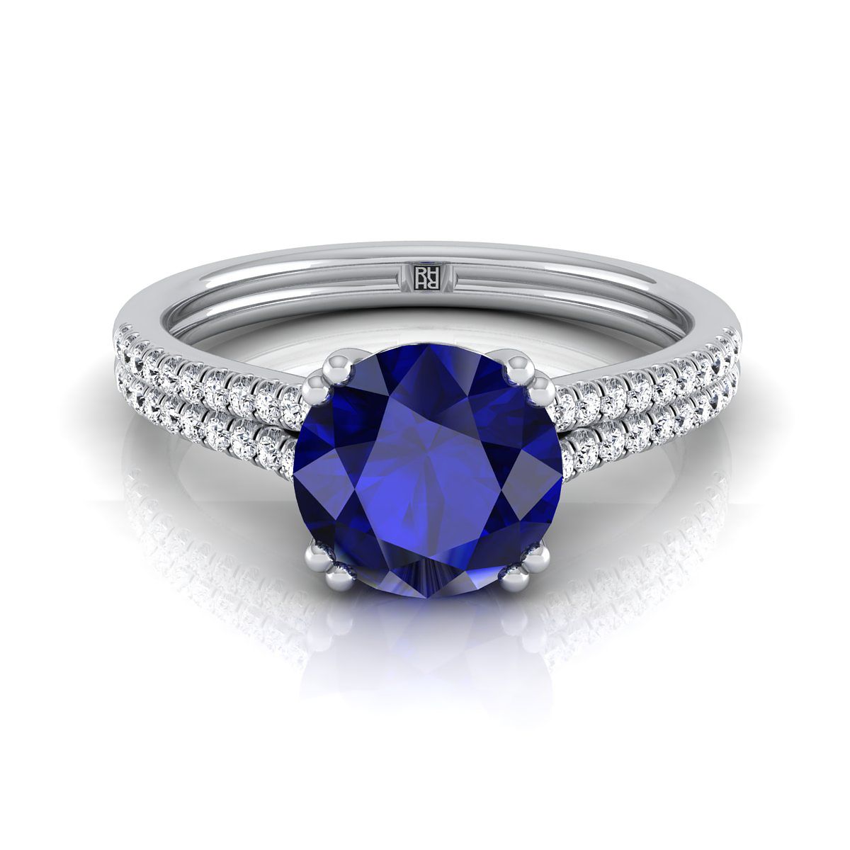 14K White Gold Round Brilliant Sapphire Double Row Double Prong French Pave Diamond Engagement Ring -1/6ctw