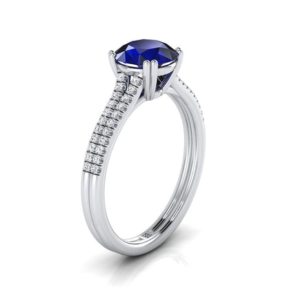 Platinum Round Brilliant Sapphire Double Row Double Prong French Pave Diamond Engagement Ring -1/6ctw