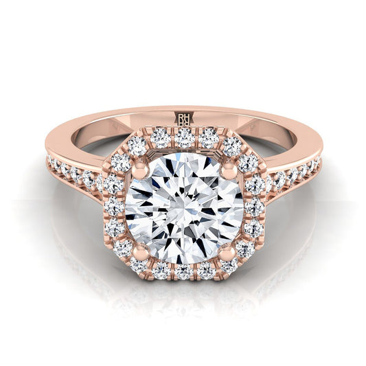 14K Rose Gold Round Brilliant Diamond Classic Halo with Channel French Pave Engagement RIng  -1/3ctw