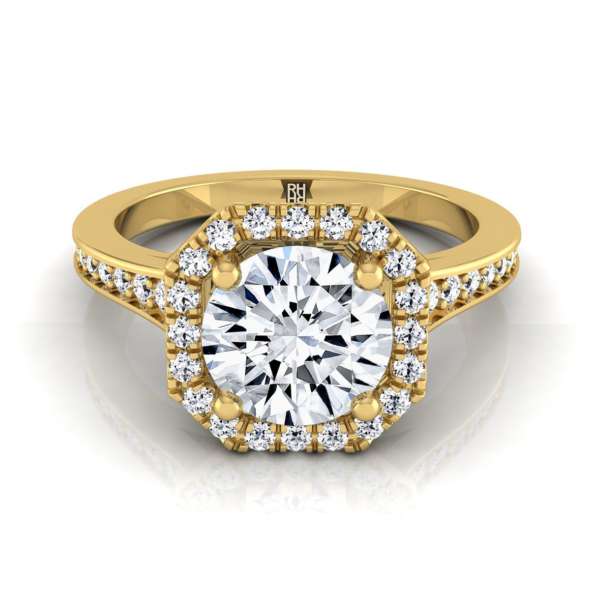 14K Yellow Gold Round Brilliant Diamond Classic Halo with Channel French Pave Engagement RIng  -1/3ctw