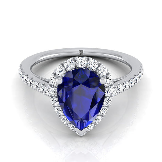 18K White Gold Pear Shape Center Sapphire Petite Halo French Diamond Pave Engagement Ring -3/8ctw