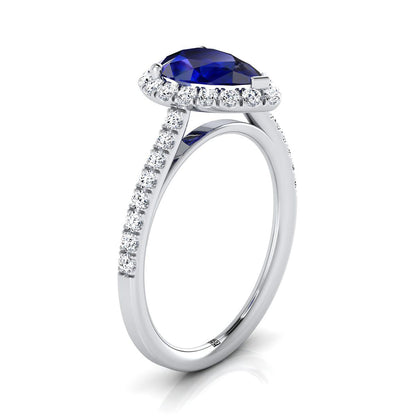 14K White Gold Pear Shape Center Sapphire Petite Halo French Diamond Pave Engagement Ring -3/8ctw