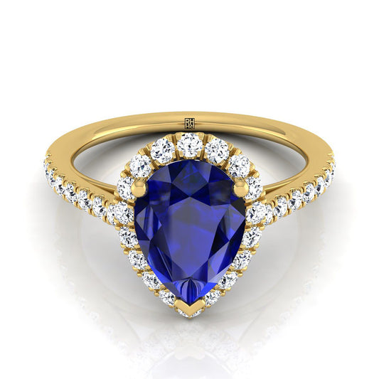 14K Yellow Gold Pear Shape Center Sapphire Petite Halo French Diamond Pave Engagement Ring -3/8ctw
