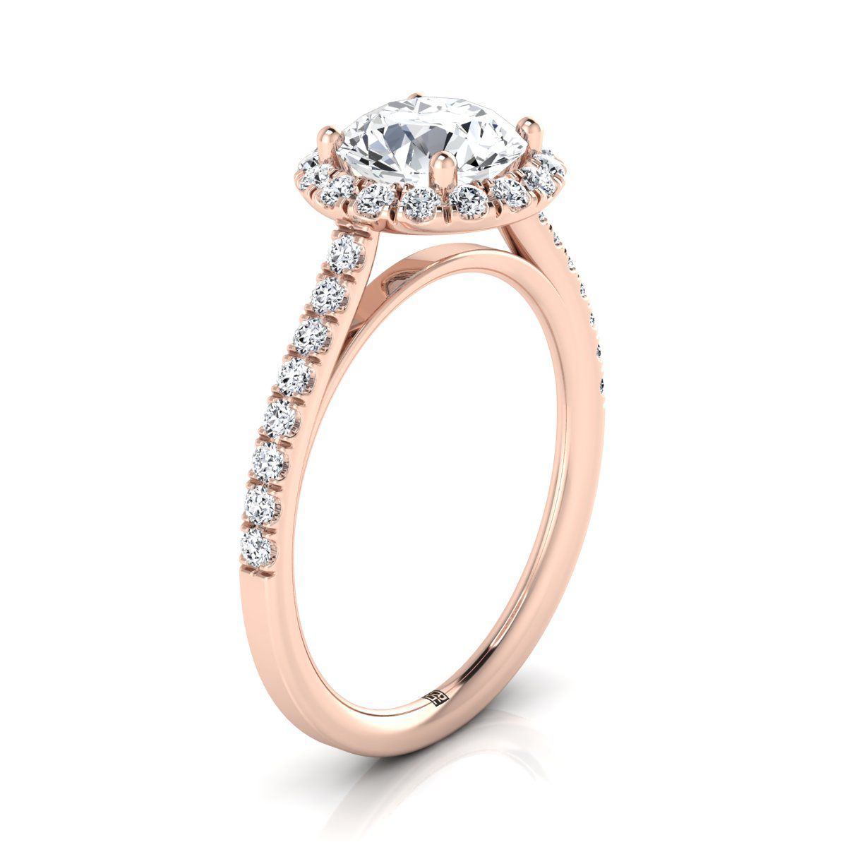 14K Rose Gold Round Brilliant Emerald Petite Halo French Diamond Pave Engagement Ring -3/8ctw