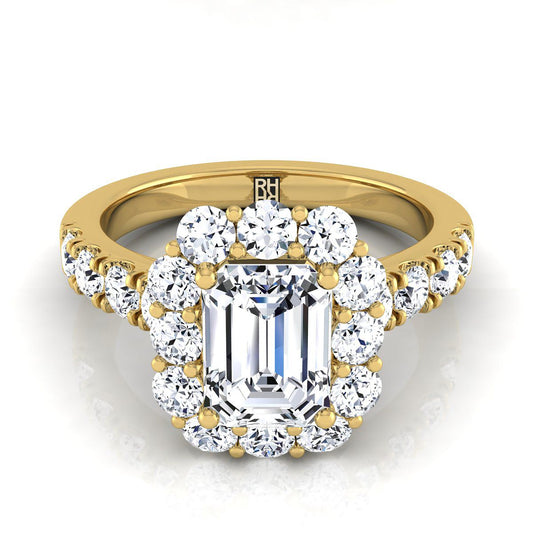 18K Yellow Gold Emerald Cut Diamond Luxe Style French Pave Halo Engagement Ring -1-1/10ctw