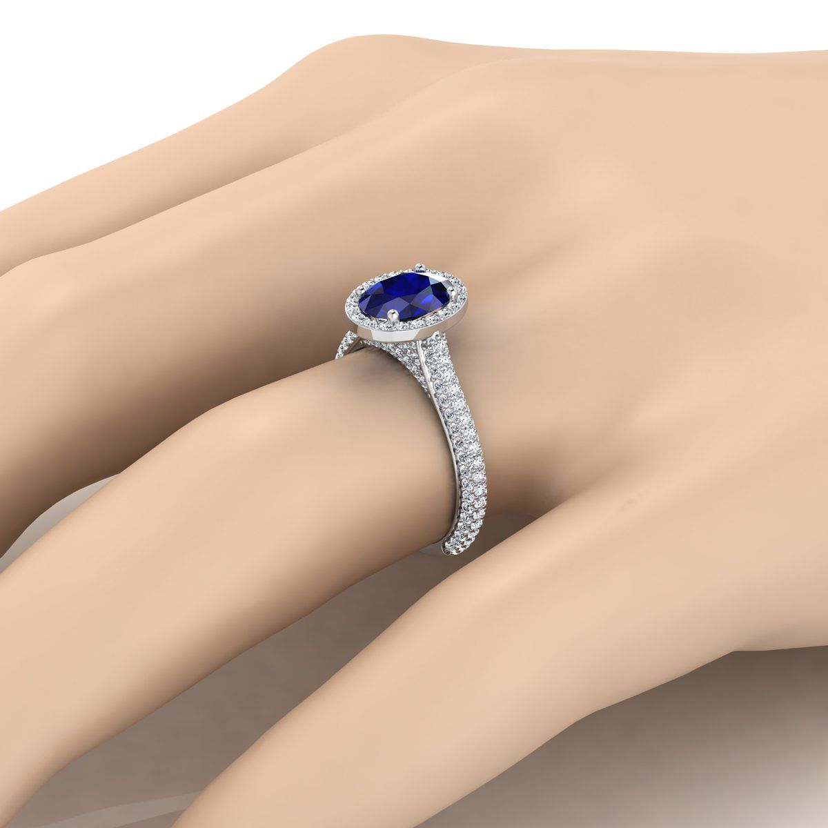 14K White Gold Oval Sapphire Micro-Pavé Halo With Pave Side Diamond Engagement Ring -7/8ctw