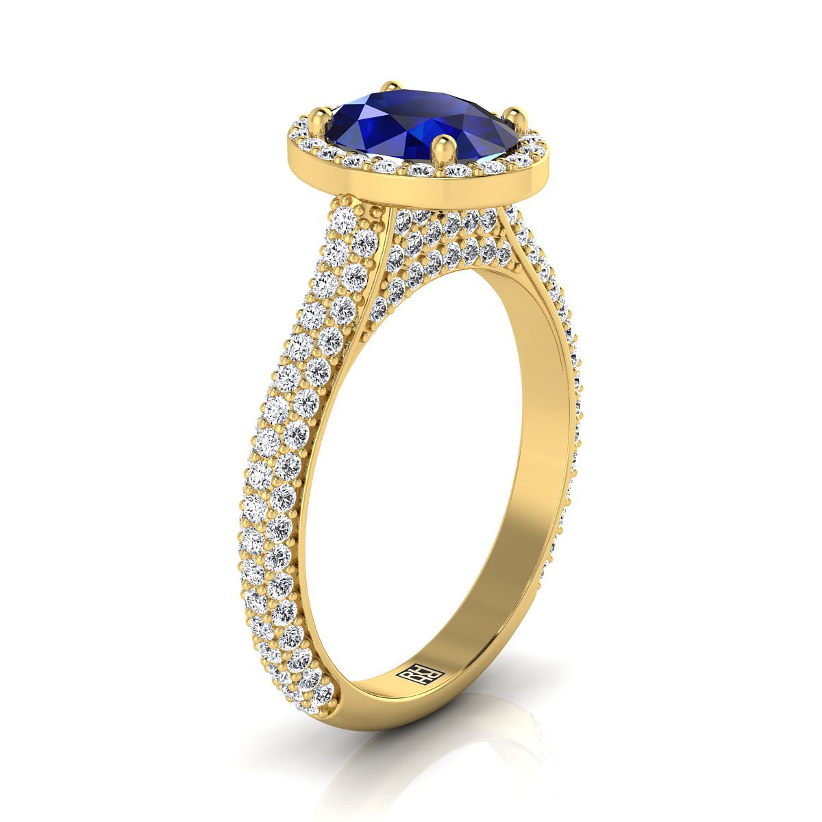 14K Yellow Gold Oval Sapphire Micro-Pavé Halo With Pave Side Diamond Engagement Ring -7/8ctw